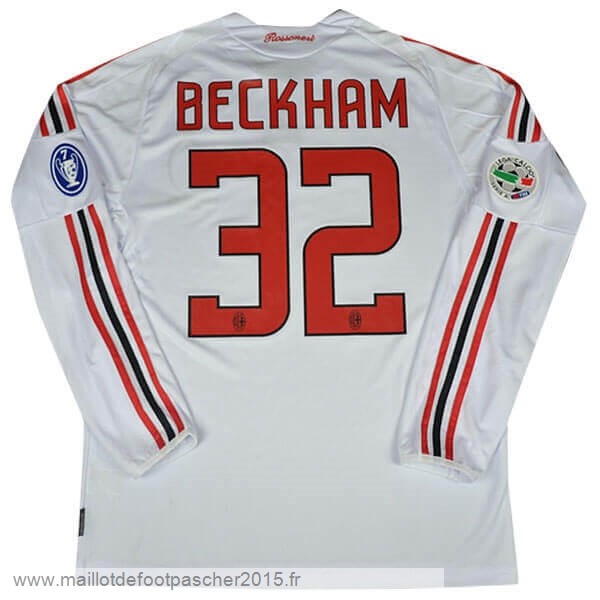 Maillot Foot Achat NO.32 Beckham Exterieur Manches Longues AC Milan Rétro 2008 2009 Blanc