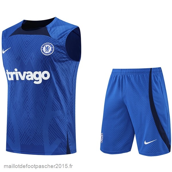 Maillot Foot Achat Entrainement Sans Manches Ensemble Complet Chelsea 2022 2023 Bleu Blanc Noir