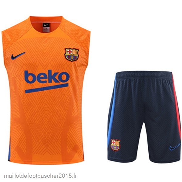 Maillot Foot Achat Entrainement Sans Manches Ensemble Complet Barcelona 2022 2023 Orange Bleu