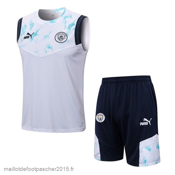 Maillot Foot Achat Entrainement Sans Manches Ensemble Complet Manchester City 2022 2023 Blanc Bleu