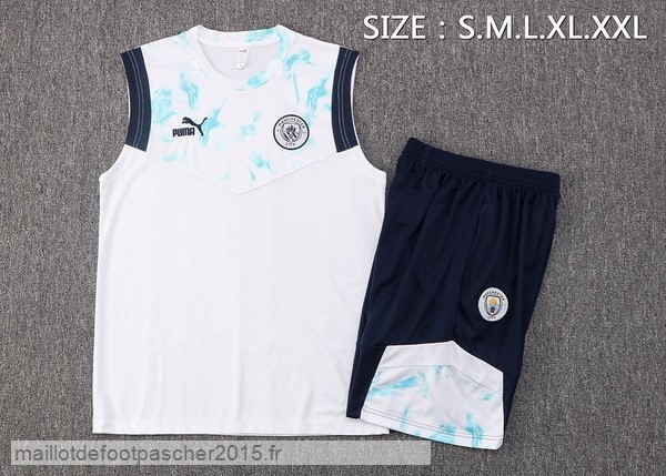 Maillot Foot Achat Entrainement Sans Manches Ensemble Complet Manchester City 2022 2023 Blanc Bleu