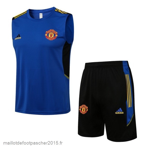 Maillot Foot Achat Entrainement Sans Manches Ensemble Complet Manchester United 2022 2023 Bleu Noir