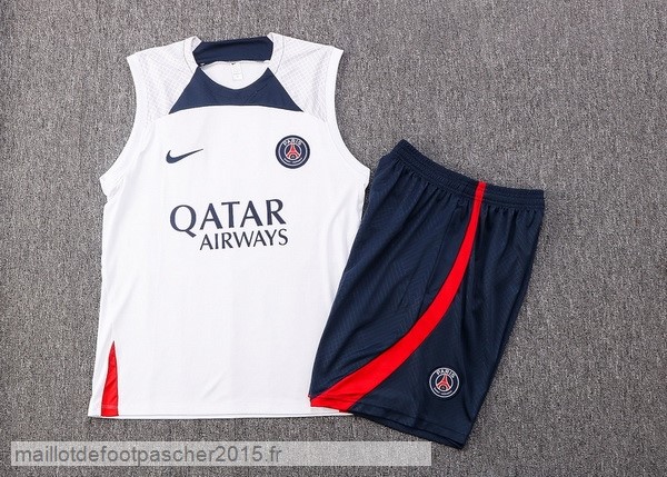 Maillot Foot Achat Entrainement Sans Manches Ensemble Complet Paris Saint Germain 2022 2023 Blanc Bleu