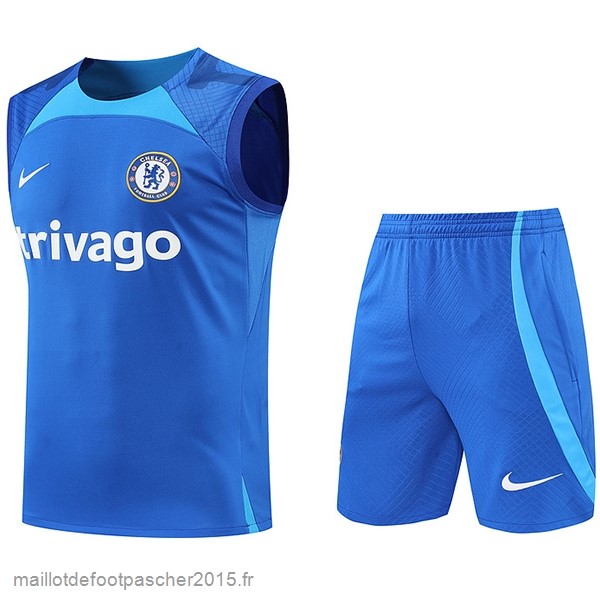 Maillot Foot Achat Entrainement Sans Manches Ensemble Complet Chelsea 2022 2023 Bleu Blanc