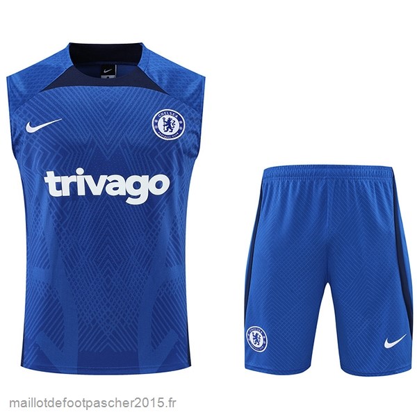 Maillot Foot Achat Entrainement Sans Manches Ensemble Complet Chelsea 2022 2023 Bleu Blanc
