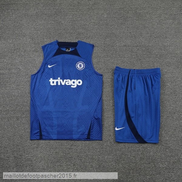 Maillot Foot Achat Entrainement Sans Manches Ensemble Complet Chelsea 2022 2023 Bleu Blanc