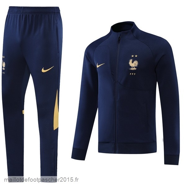 Maillot Foot Achat Ensemble Complet Ensemble longue fermeture éclair vêtements De Sport France 2022 Bleu Marine