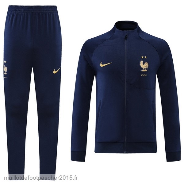 Maillot Foot Achat Ensemble Complet Ensemble longue fermeture éclair vêtements De Sport France 2022 Bleu Marine