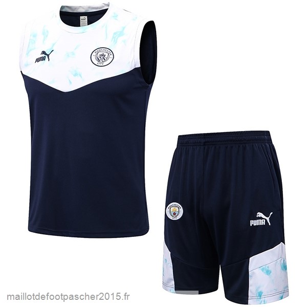 Maillot Foot Achat Entrainement Sans Manches Ensemble Complet Manchester City 2022 2023 Bleu Blanc