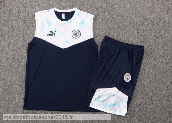 Maillot Foot Achat Entrainement Sans Manches Ensemble Complet Manchester City 2022 2023 Bleu Blanc