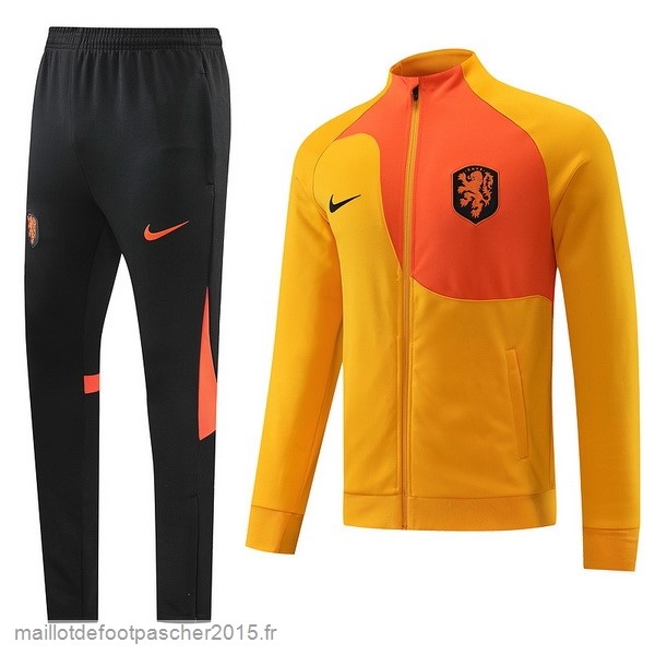 Maillot Foot Achat Ensemble Complet Ensemble longue fermeture éclair vêtements De Sport Pays Bas 2022 Orange Noir