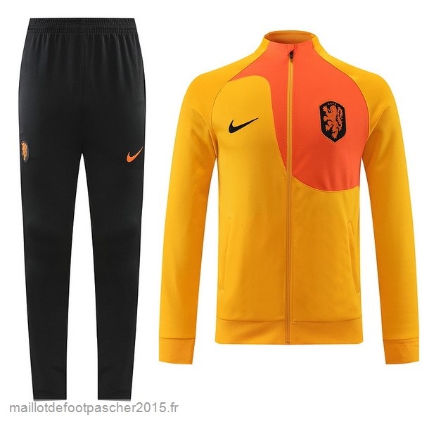 Maillot Foot Achat Ensemble Complet Ensemble longue fermeture éclair vêtements De Sport Pays Bas 2022 Orange Noir