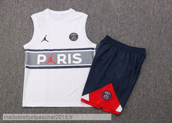 Maillot Foot Achat Entrainement Sans Manches Ensemble Complet Paris Saint Germain 2022 2023 Blanc Gris Bleu