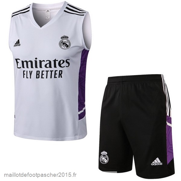 Maillot Foot Achat Entrainement Sans Manches Ensemble Complet Real Madrid 2022 2023 Blanc Purpura Noir